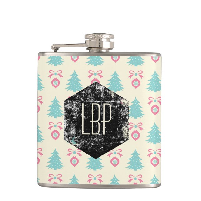 Christmas Trees, Bows & Baubles Retro Pattern Hip Flask (Front)