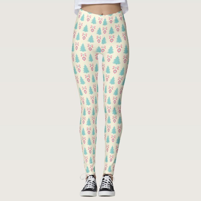 Christmas Trees, Bows & Baubles Retro Pattern Leggings (Front)