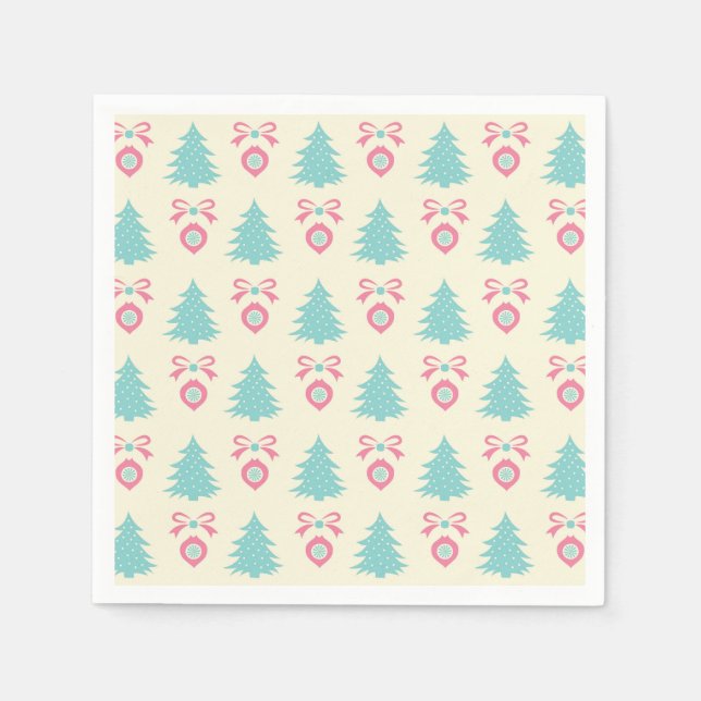 Christmas Trees, Bows & Baubles Retro Pattern Napkin (Front)