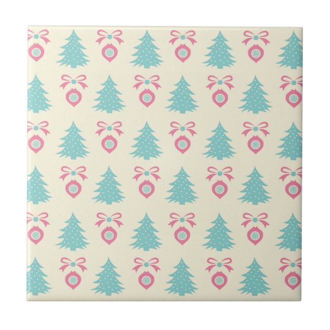 Christmas Trees, Bows & Baubles Retro Pattern Tile (Front)
