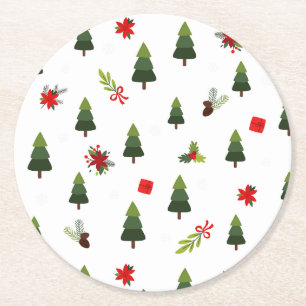 Christmas Trees & Bows Round Paper Coaster