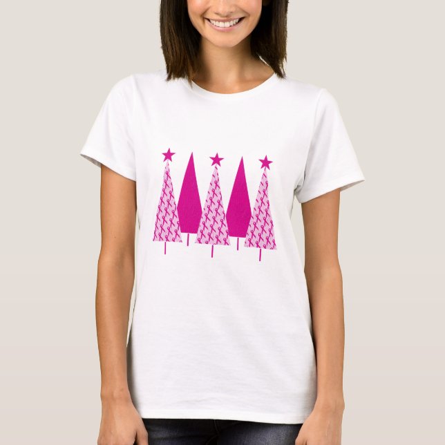 Christmas Trees - Breast Cancer Pink Ribbon T-Shirt (Front)
