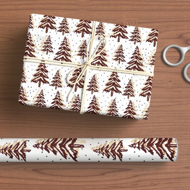 Christmas Trees Burgundy And Gold Wrapping Paper (Creator Uploaded)