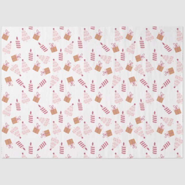 Christmas Trees Candles Gifts Pink Brown Christmas Tissue Paper (Front)