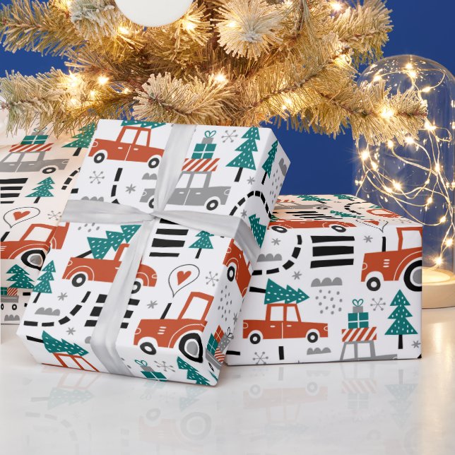 Christmas Trees Cars Tractors Winter Holidays Wrapping Paper (Holidays)
