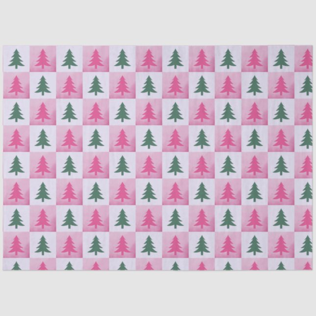 Christmas Trees Chequerboard Pink Green Christmas Tissue Paper (Front)