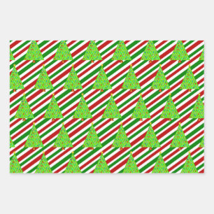 Christmas Trees, Christmas Colors Stripes Wrapping Paper Sheet
