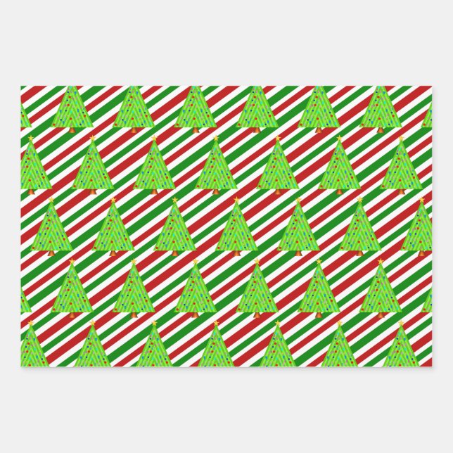 Christmas Trees, Christmas Colors Stripes Wrapping Paper Sheet (Front)