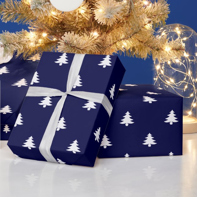 Christmas Trees dark navy blue and white elegant Wrapping Paper (Holidays)