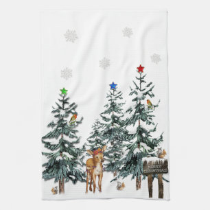 Christmas Trees  Deer Birds Snowflakes Winter Tea Towel