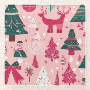 Christmas trees deer snowflakes pink Throw Pillow Glass Coaster