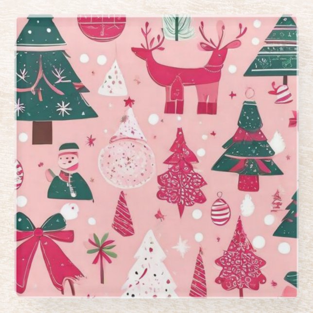 Christmas trees deer snowflakes pink Throw Pillow Glass Coaster (Front)