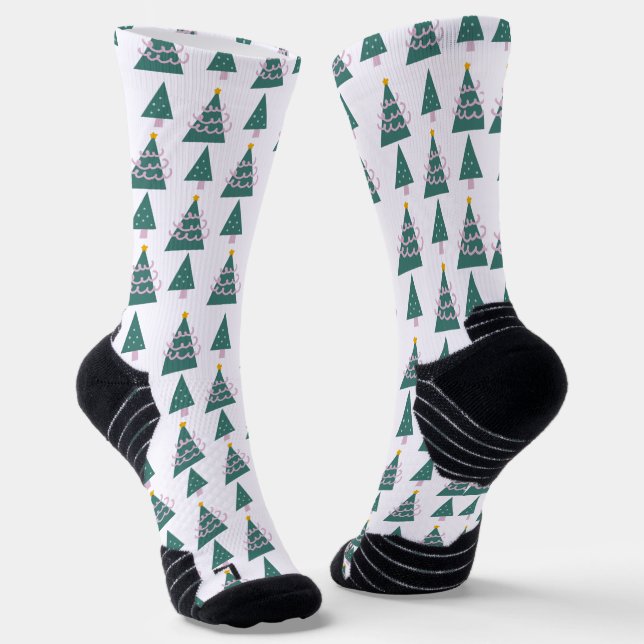 Christmas Trees Doodles Pink Green Doodle Socks (Angled)