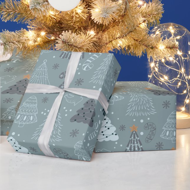 Christmas Trees Doves Snowflakes Green Christmas Wrapping Paper (Holidays)