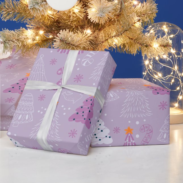 Christmas Trees Doves Snowflakes Purple Christmas Wrapping Paper (Holidays)