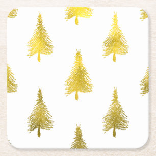 Christmas Trees Faux Gold Foil Holiday Pattern Square Paper Coaster