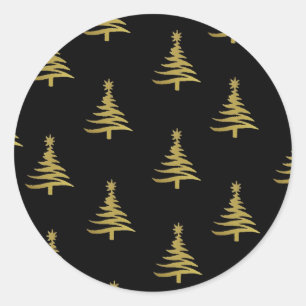 Christmas Trees Gold on Black Classic Round Sticker