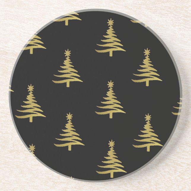 Christmas Trees Gold on Black Coaster (Front)