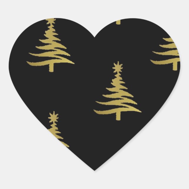 Christmas Trees Gold on Black Heart Sticker (Front)