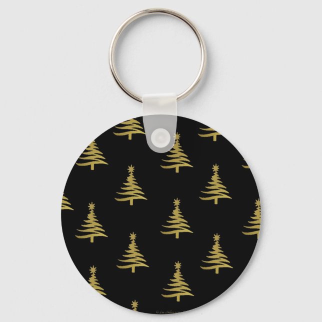 Christmas Trees Gold on Black Key Ring (Front)
