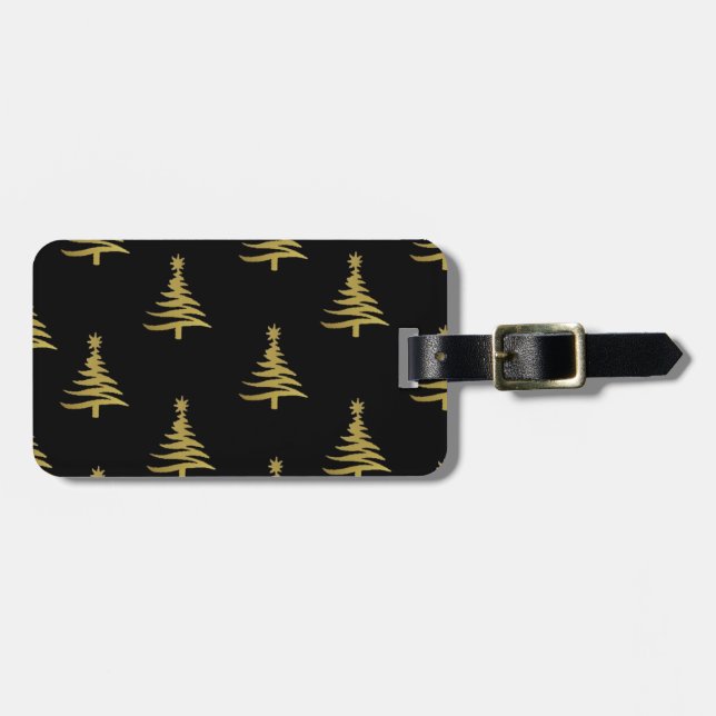 Christmas Trees Gold on Black Luggage Tag (Front Horizontal)
