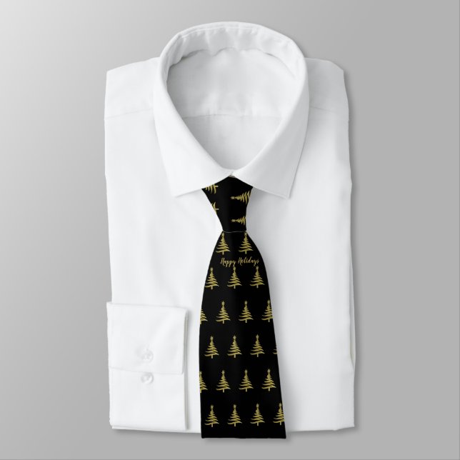 Christmas Trees Gold on Black Neck Tie (Tied)