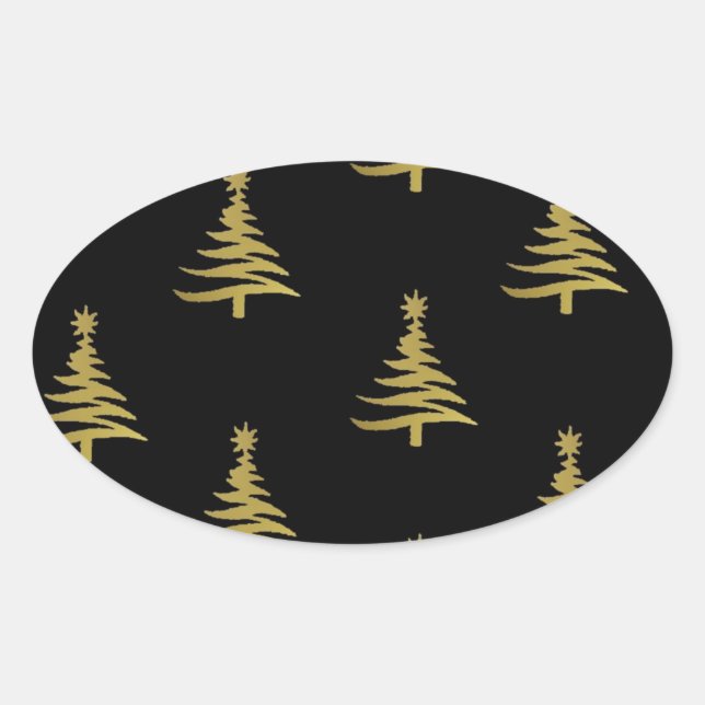 Christmas Trees Gold on Black Oval Sticker (Front)