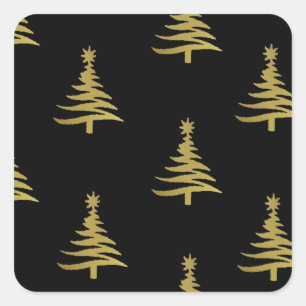 Christmas Trees Gold on Black Square Sticker