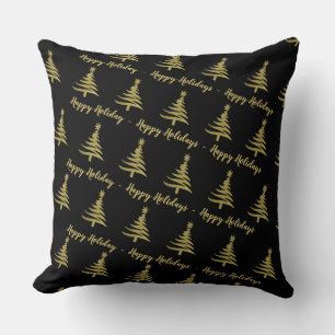 Christmas Trees Gold on Black Throw Pillow