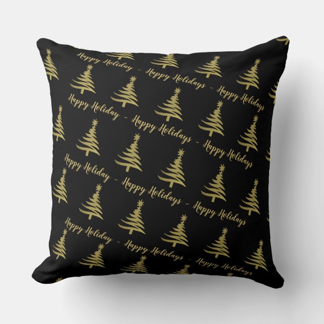 Christmas Trees Gold on Black Throw Pillow (Front)