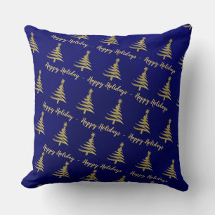 Christmas Trees Gold on Blue Cushion