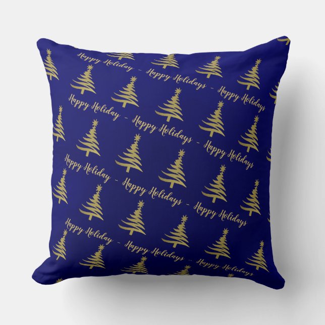 Christmas Trees Gold on Blue Cushion (Front)