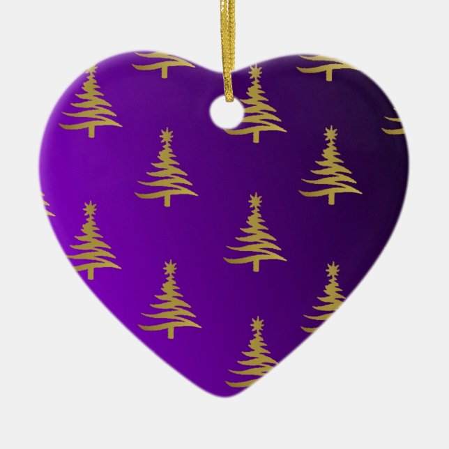 Christmas Trees Gold on Purple Ceramic Tree Decoration (Front)