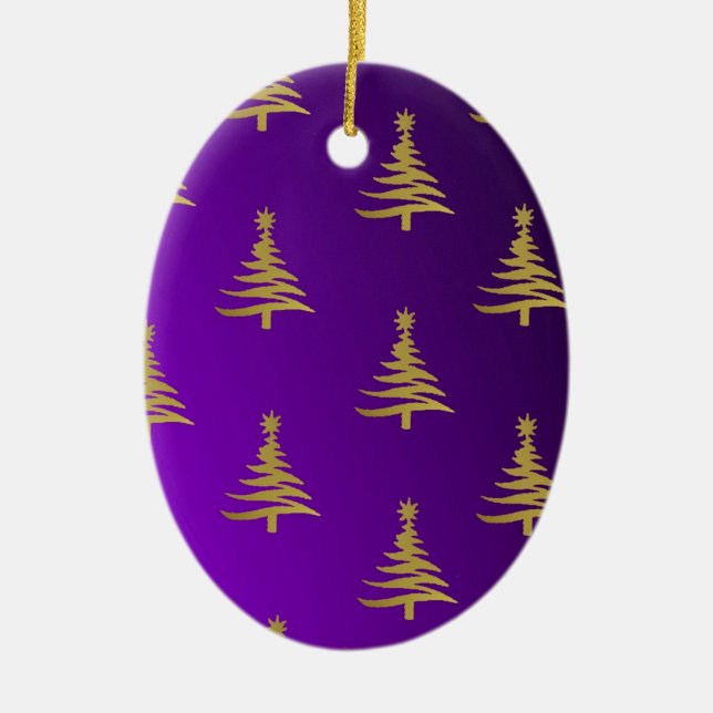 Christmas Trees Gold on Purple Ceramic Tree Decoration (Front)