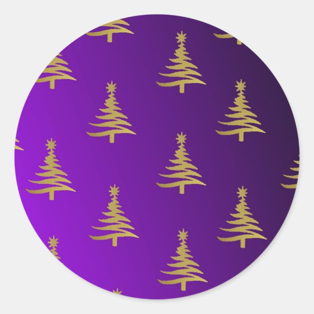 Christmas Trees Gold on Purple Classic Round Sticker (Front)
