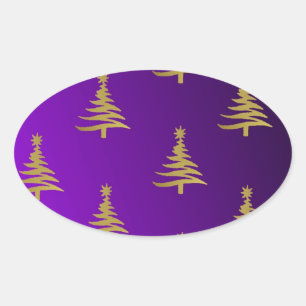 Christmas Trees Gold on Purple Oval Sticker