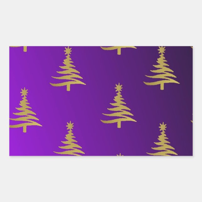 Christmas Trees Gold on Purple Rectangular Sticker (Front)