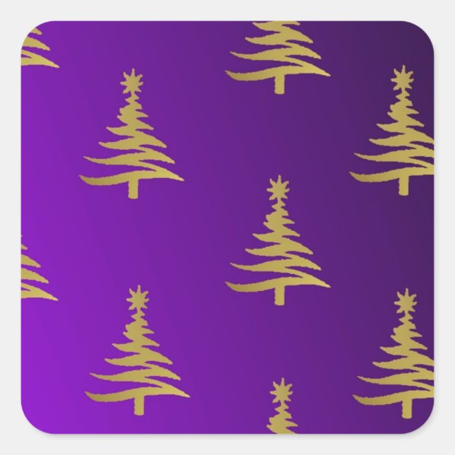 Christmas Trees Gold on Purple Square Sticker (Front)