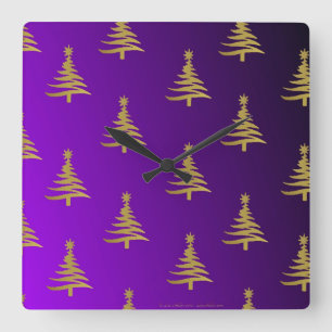 Christmas Trees Gold on Purple Square Wall Clock