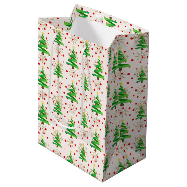 Christmas Trees & Gold Snowflakes Medium Gift Bag (Front Angled)