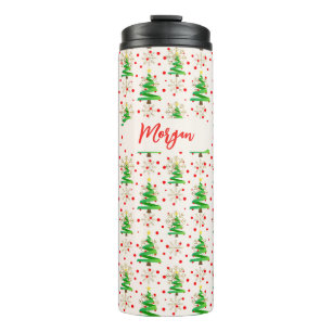 Christmas Trees & Gold Snowflakes, Red Script Name Thermal Tumbler