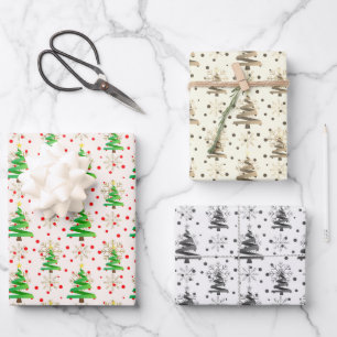 Christmas Trees & Gold Snowflakes, Sepia, Grey Wrapping Paper Sheet
