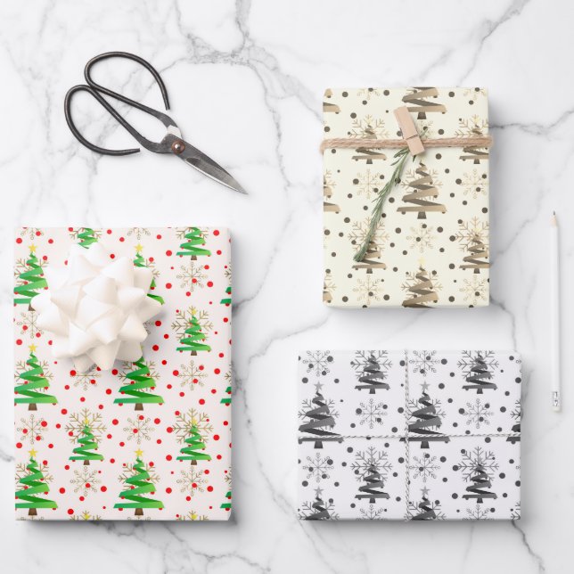 Christmas Trees & Gold Snowflakes, Sepia, Grey Wrapping Paper Sheet (Front)