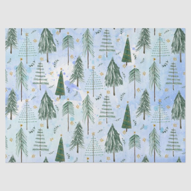 Christmas Trees Gold Stars Blue Watercolor Modern  Tissue Paper (Front)
