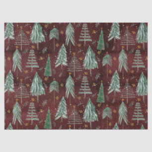 Christmas Trees Gold Stars Burgundy Rustic Wood Tissue Paper