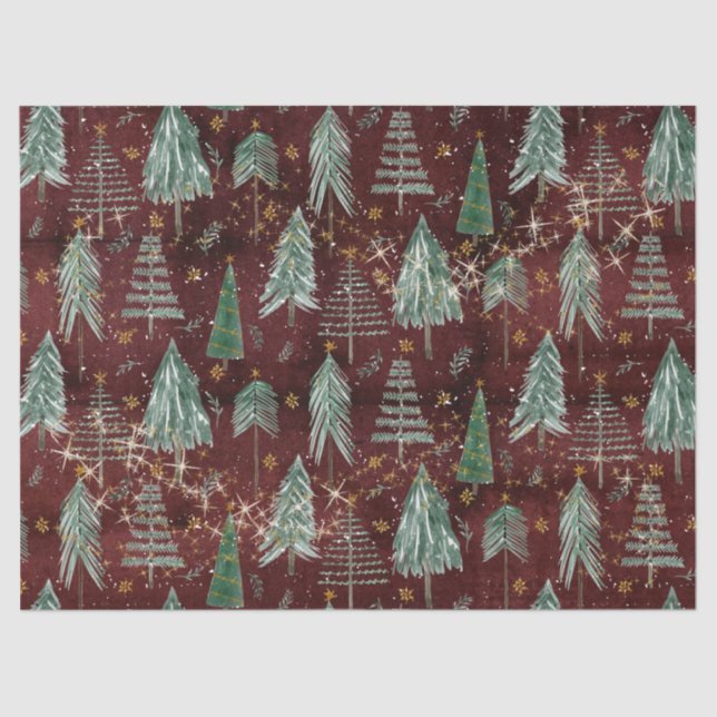 Christmas Trees Gold Twinkle Stars Burgundy Wood Tissue Paper (Front)