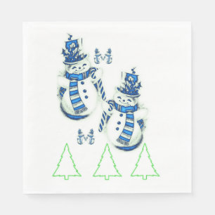 Christmas Trees Green Paper Napkins, Snowman  Napkin