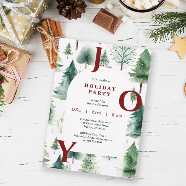 Christmas Trees Greenery Red Joy Holiday Party Invitation (Creator Uploaded)