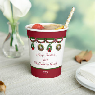 Christmas Trees Happy Holidays Wreath Personalise Paper Cups