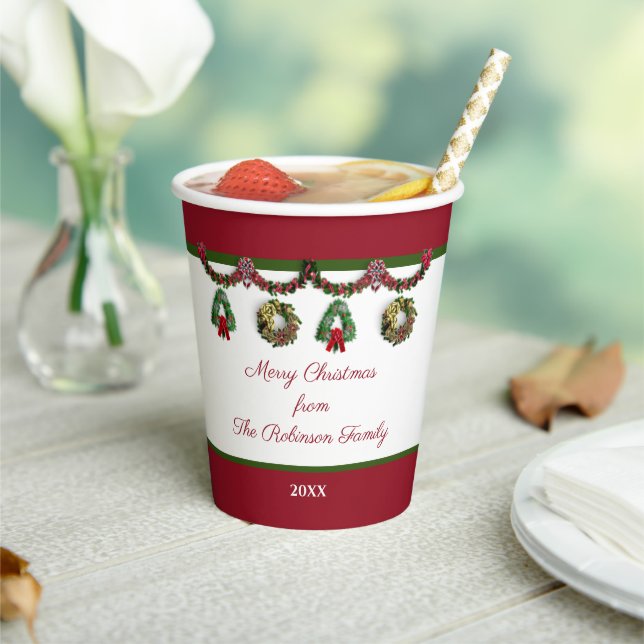 Christmas Trees Happy Holidays Wreath Personalise Paper Cups (Insitu)